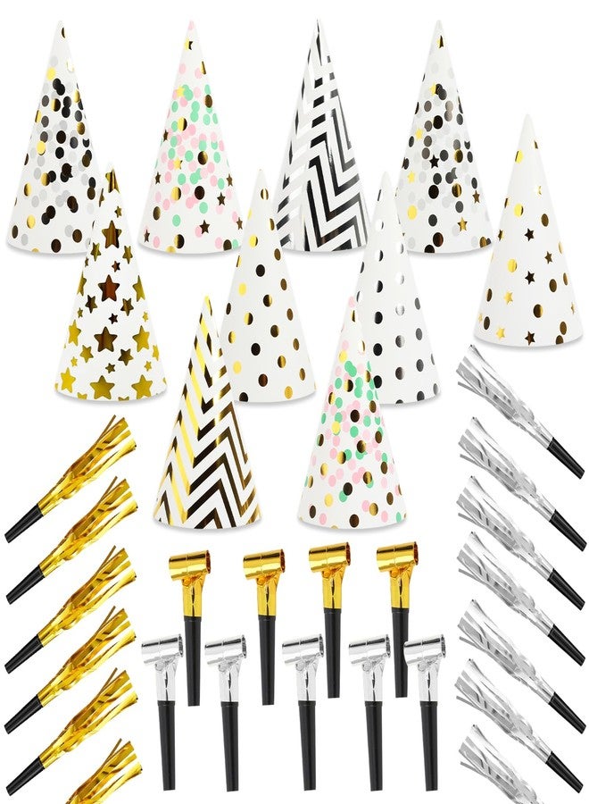 HEYTIMI 60 PCS Birthday Party Cone Hats with Party Blowers Metallic Foil Themed Hats Noise Makers Assorted Colors for Birthday Baby Shower Anniversary Holiday Events - Image 1